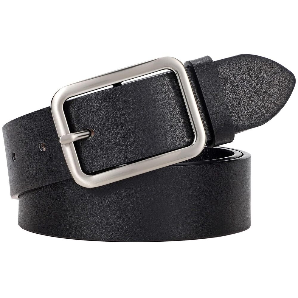 Classic Black Leather Belt for Women 1.3" Wide Square Silver Buckle
